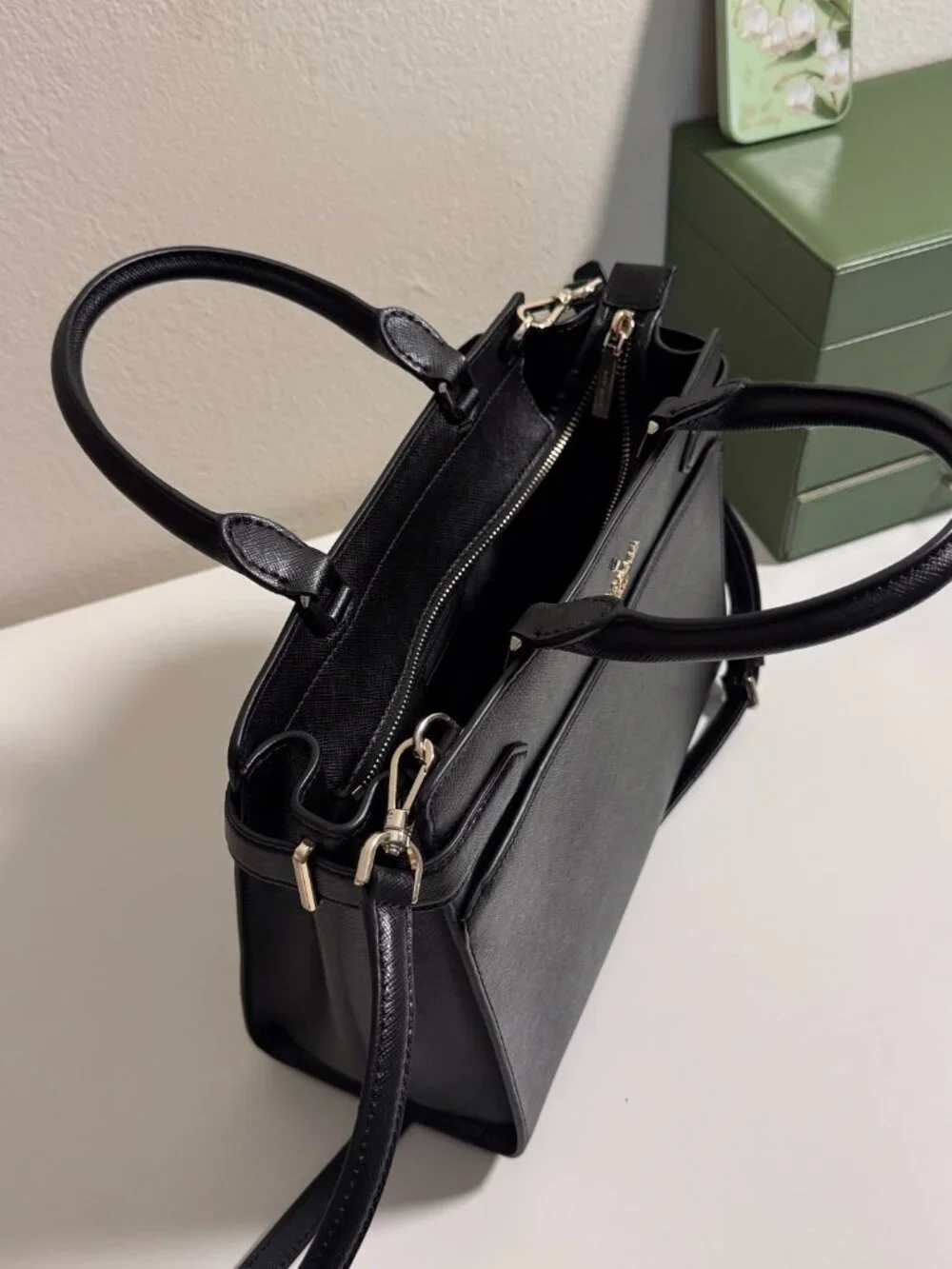 Kate Spade Black Saffiano Leather Satchel Crossbody Handbag with Strap
